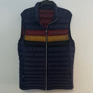 Cotopaxi Down Vest Navy with Burgundy & Mustard Stripes